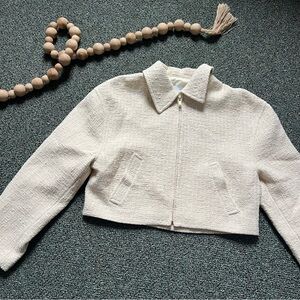 ZARA Cream White Neutral Cropped Collar Tweed Textured Zip-Up Chic Jacket Blazer